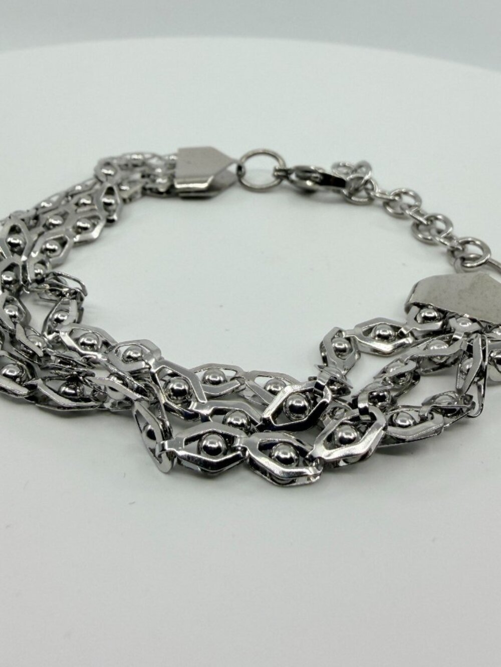 Silver Tone Geometric Multi-Row Chain Bracelet - Boho Statement Jewelry - Picture 3 of 11
